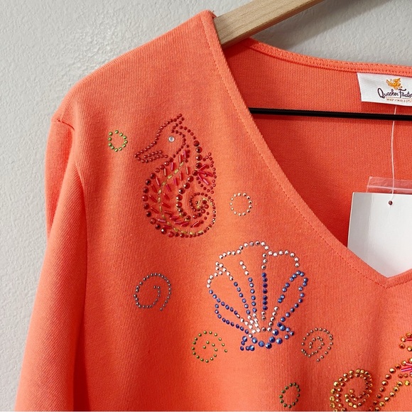 Quacker Factory Coral Orange Rhinestone Sequin Under the Sea 3/4 Sleeve Top 1X - Picture 3 of 10